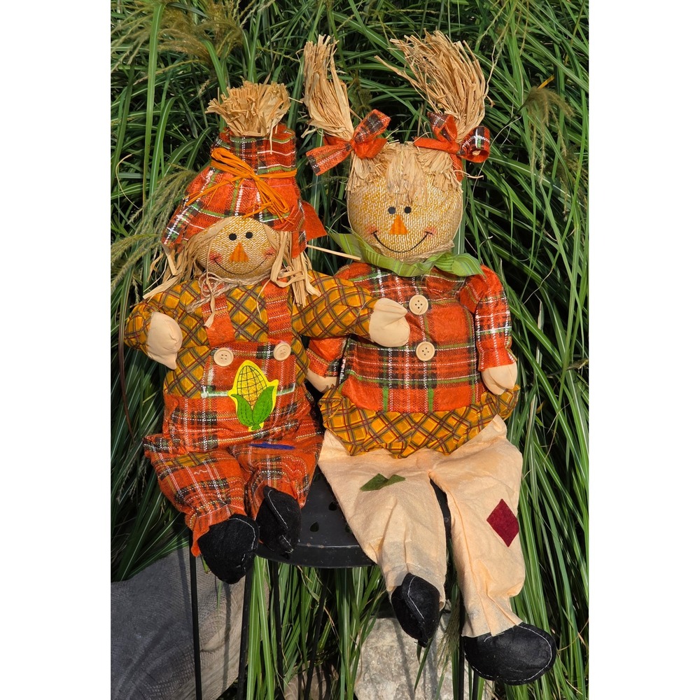 24 Inch Harvest Scarecrow Couple Autumn Thanksgiving Porch Decor Set of 2